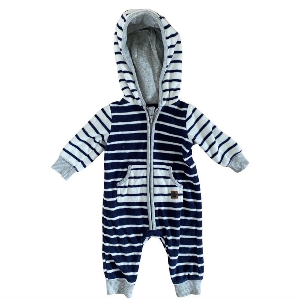Carter’s Striped Fleece Navy Striped Jumpsuit Size 3 Months